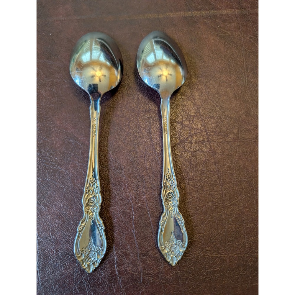 Oneida Wordsworth Stainless Flatware Teaspoons Set of 2 Floral Rose USA Made